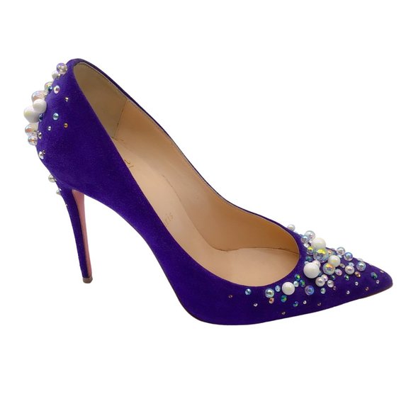 CHRISTIAN LOUBOUTIN CANDIDATE 100 PURPLE EMBELLISHED POINTED TOE SUEDE PUMPS - Picture 2 of 7